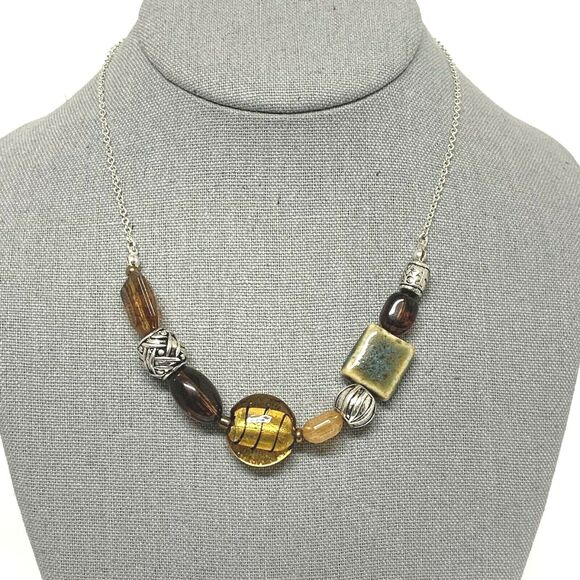 SAO Avon Art Glass 17" Necklace Faux Amber Foil Bead Ceramic Silver Tone Beads - Picture 1 of 9